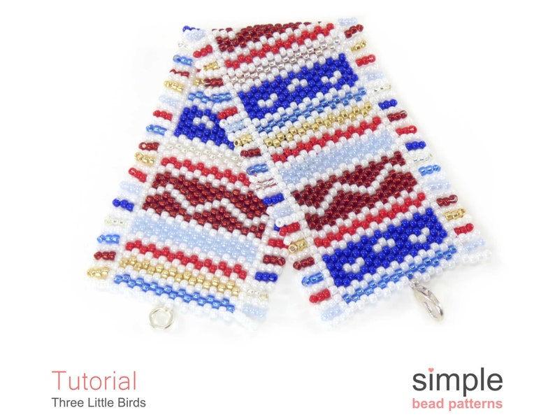 May include: A beaded bracelet featuring a geometric pattern in red, white, blue, and gold. The bracelet is crafted with small seed beads and has a simple clasp.
