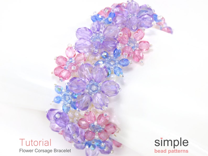 Beaded Flower Bracelet Pattern, Simple Bead Patterns, DIY Beaded Flower Corsage Bracelet, Easy Flat Peyote Stitch Bracelet Tutorial, P-00166 image 10