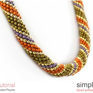 May include: A twisted peyote stitch necklace with a pattern of gold, orange, and purple beads. The necklace is made with seed beads and is a simple beading pattern.