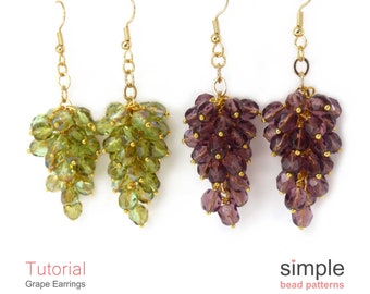Grape Earrings Tutorial, Beaded Grapes Earrings Tutorial, Simple Bead Patterns, Bead Weaving Pattern, Jewlery Making Beading Pattern P-00194
