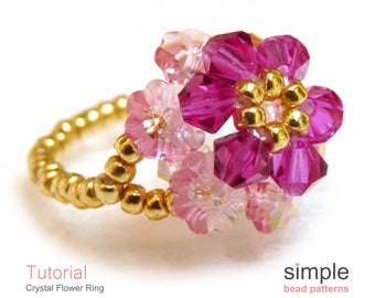 Swarovski Crystal Flower Ring Beading Tutorial, Beaded Ring Pattern, Beaded Stretch Ring, Simple Bead Patterns, Beaded Ring Tutorial P-00099