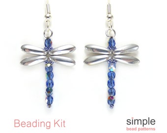 Easy Earring Beading Kit for Adults (in Blue and Silver): "Dragonfly Earrings" Design