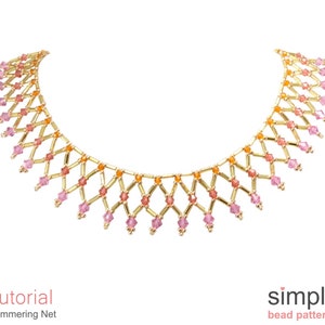 May include: A gold, pink and orange beaded necklace with a shimmering net design. The necklace is made with small, faceted beads and has a delicate, feminine look.