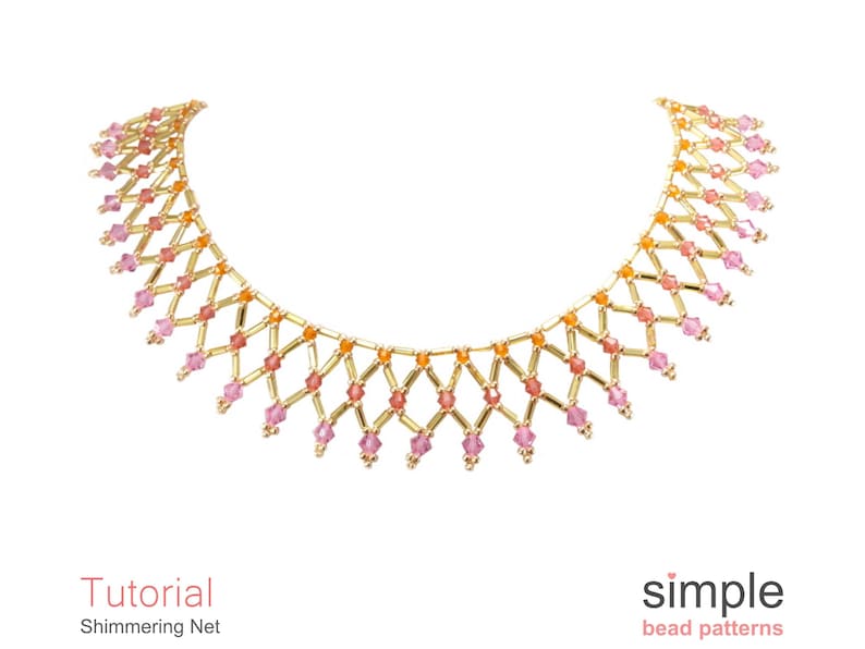 May include: A gold, pink and orange beaded necklace with a shimmering net design. The necklace is made with small, faceted beads and has a delicate, feminine look.