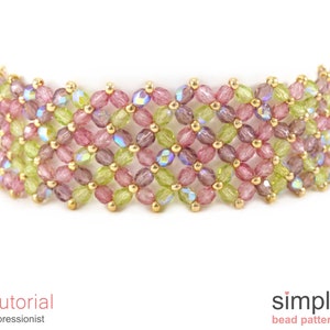 May include: A multi-colored beaded bracelet with a geometric pattern. The bracelet is made with green, pink, and purple beads.