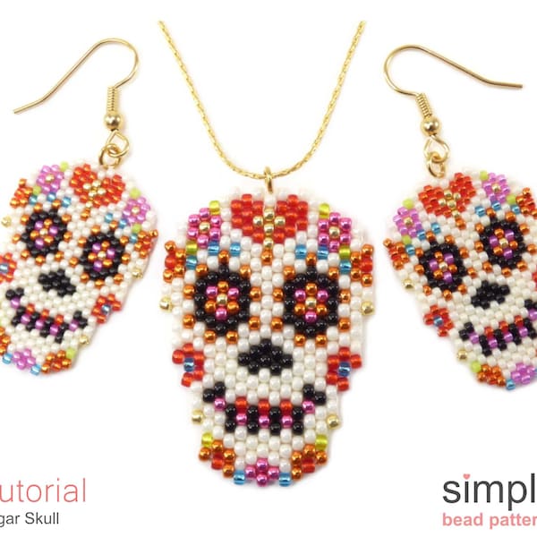 Beaded Sugar Skull Bead Patterns, Halloween Beading Day of the Dead Jewelry Making Tutorials, Peyote Stitch Earrings Necklace Brooch P-00369