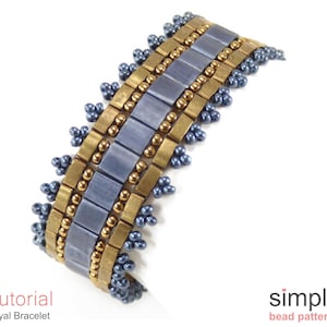 May include: A close-up of a blue and gold beaded bracelet. The bracelet is made with small, round beads and larger, rectangular beads. The bracelet is a simple design, with a repeating pattern of beads.