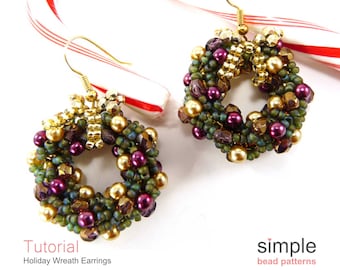 Beaded Christmas Wreath Earrings Beading Pattern, Beaded Hoop Earrings, Double Spiral Beading Tutorial, Beadweaving Jewelry Wreath, P-00217