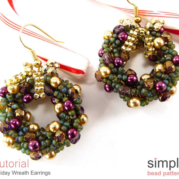 Beaded Christmas Wreath Earrings Beading Pattern, Beaded Hoop Earrings, Double Spiral Beading Tutorial, Beadweaving Jewelry Wreath, P-00217