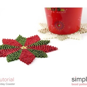 Christmas Poinsettia Coaster Beading Pattern, Beaded Christmas Poinsettia Ornaments, Beadweaving Pattern, DIY Bead Stitching Crafts, P-00215 image 1