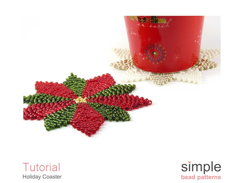 Christmas Poinsettia Coaster Beading Pattern, Beaded Christmas Poinsettia Ornaments, Beadweaving Pattern, DIY Bead Stitching Crafts, P-00215 image 1