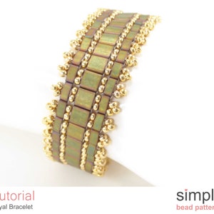 May include: A gold and green beaded bracelet with a square pattern. The bracelet is made with small, round beads and square beads. The bracelet is on a white background. Tutorial: Royal Bracelet.