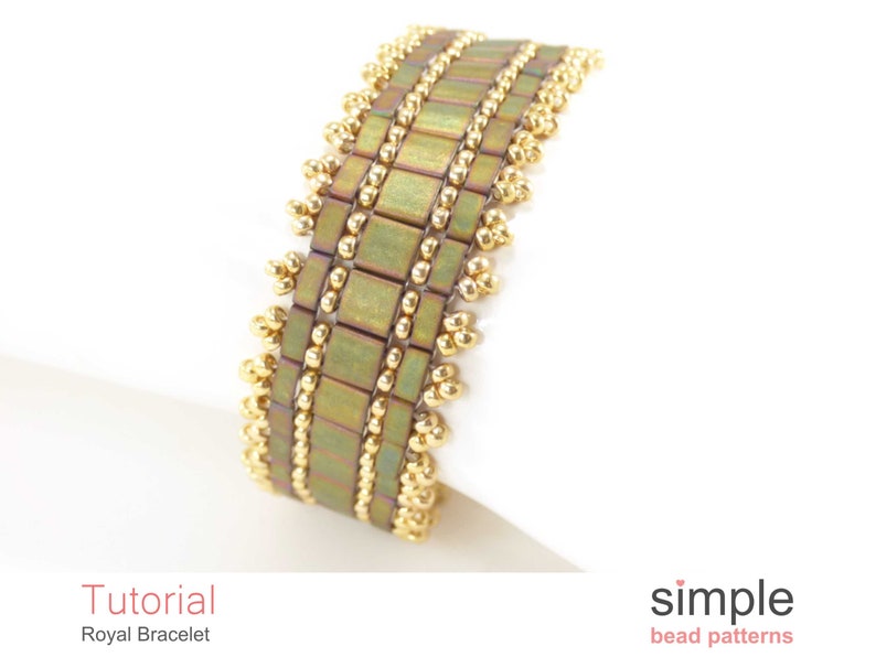 May include: A gold and green beaded bracelet with a square pattern. The bracelet is made with small, round beads and square beads. The bracelet is on a white background. Tutorial: Royal Bracelet.