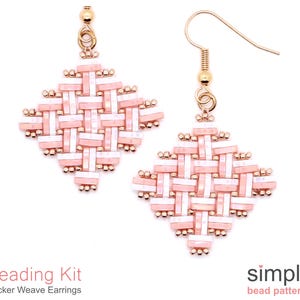 May include: A pair of pink and white beaded earrings with a wicker weave pattern. The earrings are made with small seed beads and have gold-toned ear wires. The earrings are part of a beading kit.