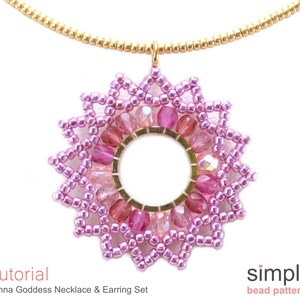 May include: A handmade beaded necklace pendant in shades of pink and purple, featuring a circular design with a gold-colored center. The pendant is suspended from a gold chain. The image includes the text "Tutorial" and "Sunna Goddess Necklace & Earring Set".