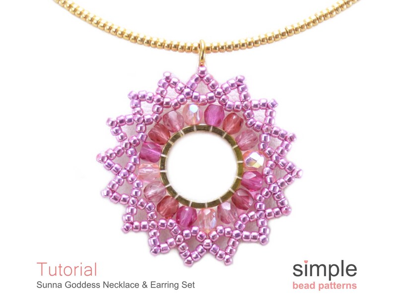 May include: A handmade beaded necklace pendant in shades of pink and purple, featuring a circular design with a gold-colored center. The pendant is suspended from a gold chain. The image includes the text "Tutorial" and "Sunna Goddess Necklace & Earring Set".
