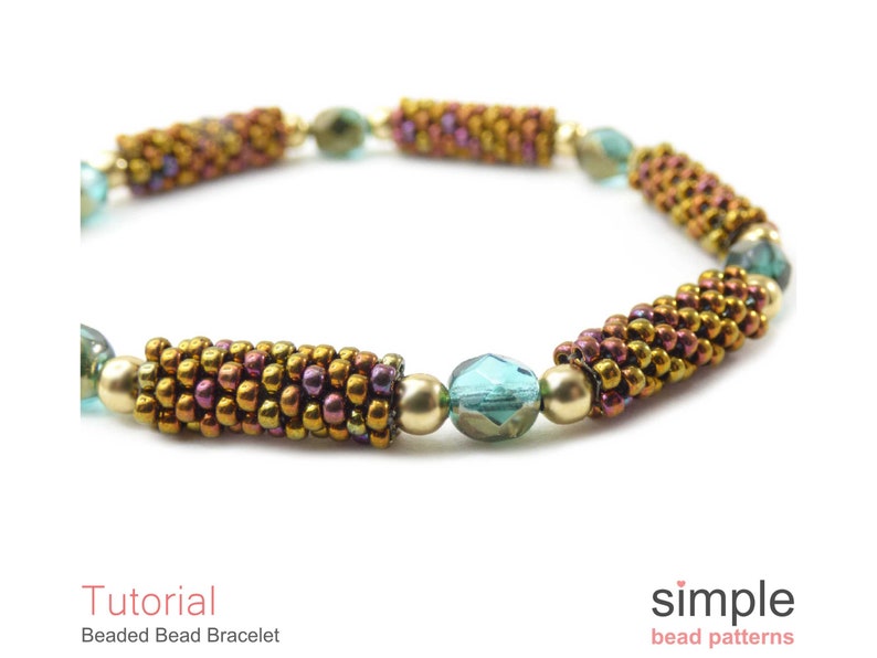 May include: A beaded bracelet with gold, brown, and teal beads. The bracelet is made with small seed beads and larger round beads. The bracelet is a simple design and would be a great addition to any jewelry collection.
