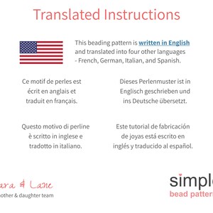 May include: A graphic showing instructions for a beading pattern written in English, French, German, Italian, and Spanish. The graphic includes a small American flag.