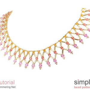 May include: A gold necklace with a shimmering net design made with pink and orange beads. The necklace is on a white background.
