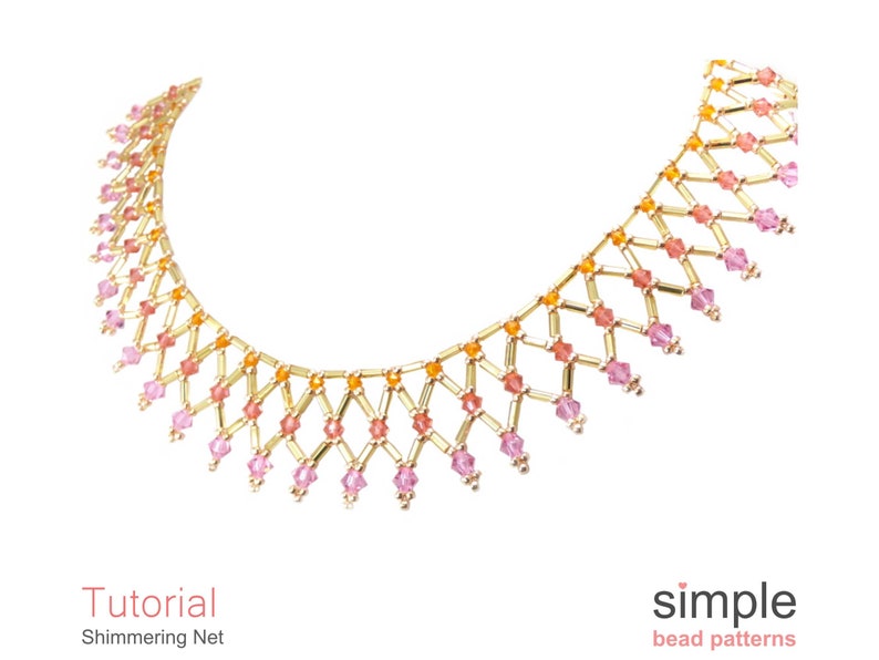 May include: A gold necklace with a shimmering net design made with pink and orange beads. The necklace is on a white background.