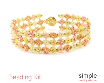 Beaded Flower Bracelet Kit for Adults (in Pink, Yellow, Green, and Gold). "Farmer's Market" Design