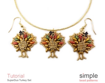 Beaded Turkey Earrings Pattern Tutorial, SuperDuo Earrings and Necklace Beads Pattern, Christmas Beading Gifts, Simple Bead Patterns P-00394