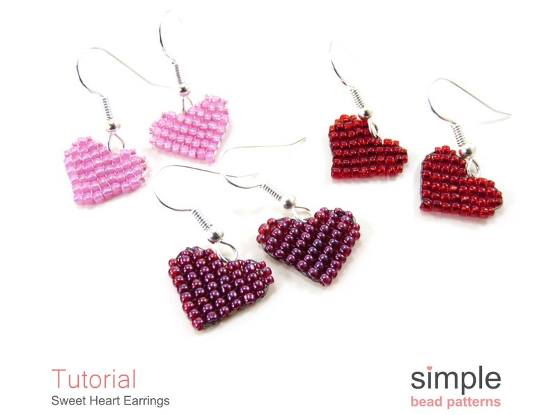 Beaded Heart Earrings Pattern, Beading Hearts Beadweaving Tutorial, Simple Bead Patterns, Earrings Beading, Seed Bead Heart Earrings P-00397 image 3