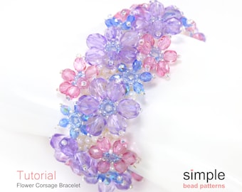 Beaded Flower Bracelet Pattern, Simple Bead Patterns, DIY Beaded Flower Corsage Bracelet, Easy Flat Peyote Stitch Bracelet Tutorial, P-00166