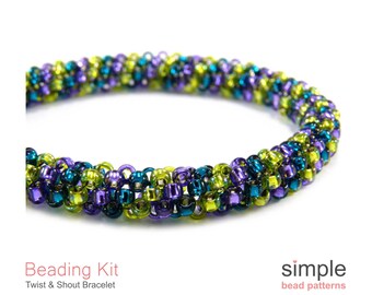 Beaded Tube Bracelet Kit for Adults (in Purple, Green, Teal, and Silver): "Twist and Shout" Design