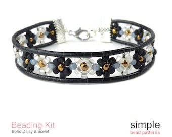 Beaded Leather Wrap Bracelet Beading Kit for Adults (in Black, White, Bronze, and Blue): "Boho Daisy" Design