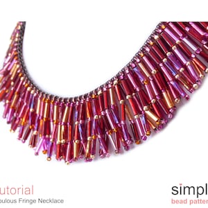 May include: A close-up of a red, gold, and purple beaded fringe necklace. The necklace is made with small, cylindrical beads that are strung together to create a cascading fringe effect. The beads are arranged in a graduated pattern, with the longest beads at the bottom and the shortest beads at the top. The necklace is a beautiful example of handmade jewelry.