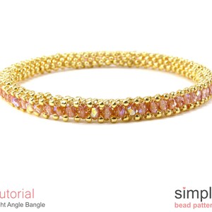 May include: A gold and pink beaded bracelet with a right angle weave pattern. The bracelet is made with small round gold beads and faceted pink beads. The bracelet is shown against a white background.