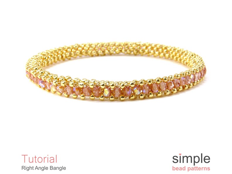 May include: A gold and pink beaded bracelet with a right angle weave pattern. The bracelet is made with small round gold beads and faceted pink beads. The bracelet is shown against a white background.