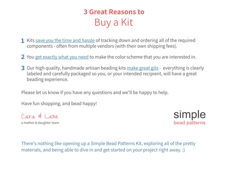 May include: White background with text in red and blue, promoting Simple Bead Patterns kits. The text highlights three reasons to buy a kit: saving time, getting the right colors, and the quality of the handmade kits. The Simple Bead Patterns logo is also visible.
