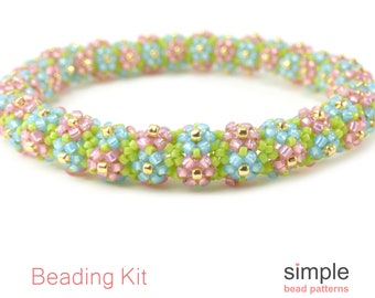 Bracelet Making Kit for Adults (in Light Blue, Pink, Green, and Gold): "Daisy Tubular Bangle" Design