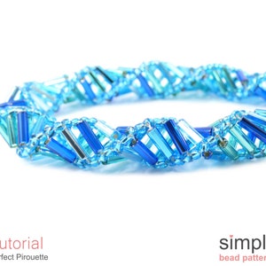May include: A close-up of a blue and turquoise beaded bracelet with a spiral design. The bracelet is made with small, rectangular beads and is a perfect example of a simple bead pattern.