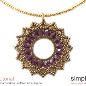 May include: A beaded necklace pendant with a circular design. The pendant features a ring of purple beads surrounded by gold-colored beads. The necklace is suspended from a gold-colored chain. Text on the image reads "Tutorial" and "Sunna Goddess Necklace & Earring Set."