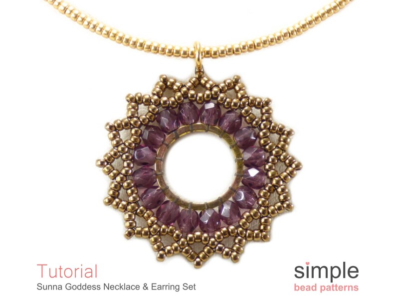 May include: A beaded necklace pendant with a circular design. The pendant features a ring of purple beads surrounded by gold-colored beads. The necklace is suspended from a gold-colored chain. Text on the image reads "Tutorial" and "Sunna Goddess Necklace & Earring Set."