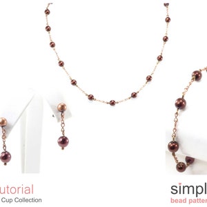 May include: A jewelry set featuring a necklace, earrings, and bracelet. The set includes dark brown beads strung on a delicate gold-colored chain. The earrings have a stud and a dangling bead. The text "Tutorial Tin Cup Collection" is visible.