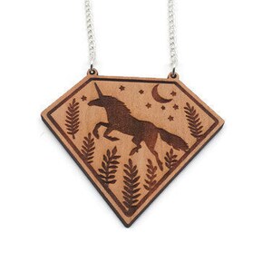 Mystic unicorn vintage wooden necklace laser cut wood charm jewellery
