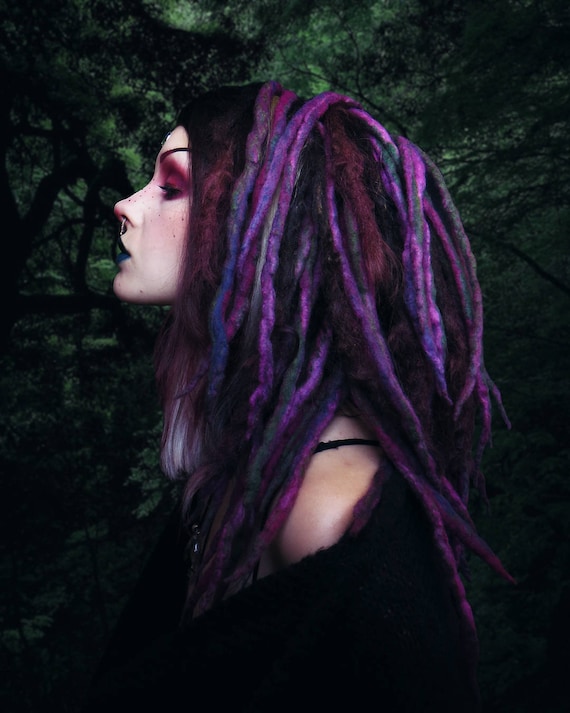Wool dreadlocks Purple Green forest custom wool dreads-  Double Ended Roving art hair extensions Kit