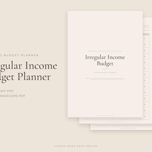 Könnte beinhalten: Ein undatierter Budgetplaner mit dem Text Irregular Income Budget Planner, A4 Portrait PDF und Tablet Landscape PDF. Das Dokument hat einen hellbeigen Hintergrund mit dunklem Text, einschließlich einer Seite mit dem Titel Irregular Income Budget.