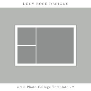 May include: A white photo collage template with a 4x6 layout. The template has three photo spaces, two smaller squares at the top and one larger rectangle at the bottom.