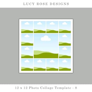 Puede incluir: Una plantilla de collage de fotos de 12x12 pulgadas con 8 cuadrados, que presenta un paisaje verde y azul con nubes blancas.