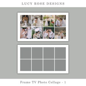Puede incluir: Una plantilla de collage con nueve cuadrados para fotos. La plantilla es blanca con un fondo gris. El texto "Frame TV Photo Collage - 1" está en la parte inferior de la plantilla.
