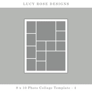 May include: A printable 8x10 photo collage template with a grid layout of 12 squares. The template is designed for a photo collage with a modern aesthetic.