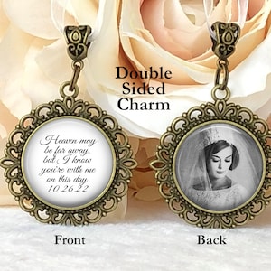 Bronze Photo Bouquet Charm, Memorial Charm for Bride, Double Sided Wedding Charm, Groom Boutonnière Pin, Custom Photo & Text, Ribbon or Pin