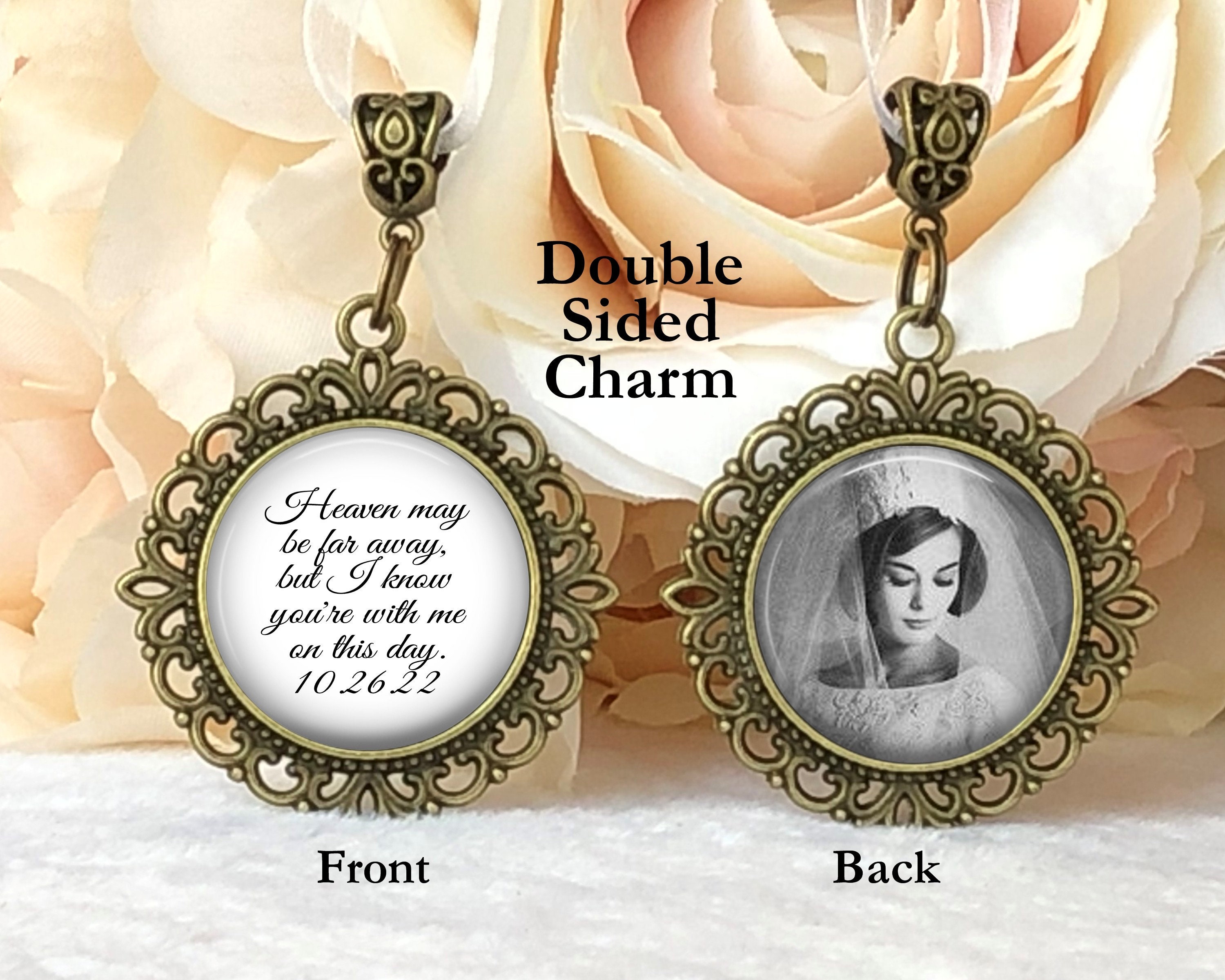  Memory Photo Charms For Wedding Bouquet In Remembrance of  Parents Mom and Dad You Walk Beside Me Vintage Bronze Cream Glass Jewelry  White Bead 2 Frames Ties to Bride's Flowers DIY