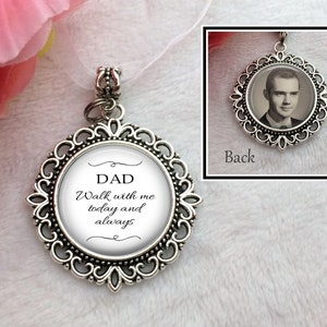 Photo Bouquet Memorial Charm, Memorial Charm for Bride, Double Sided Wedding Charm, Bridal Charm Custom Photo & Text, Walk with me Dad image 1