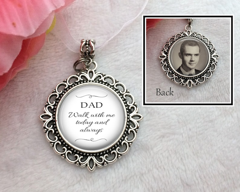Photo Bouquet Memorial Charm, Memorial Charm for Bride, Double Sided Wedding Charm, Bridal Charm Custom Photo & Text, Walk with me Dad 